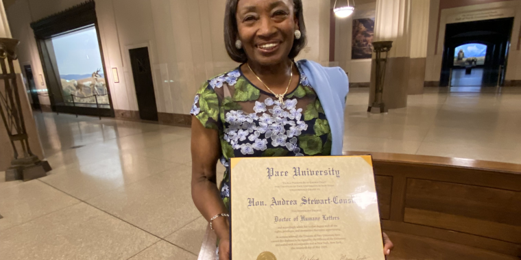 New York State Senate Majority Leader Andrea Stewart-Cousins received an Honorary Doctorate of Humane Letters from Pace University. New York State Senate Majority Leader Andrea Stewart-Cousins received an Honorary Doctorate of Humane Letters from Pace University.