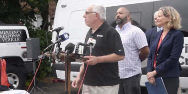 Red Cross Long Island Interim Director Joseph Spaccarelli talks at a press conference on hurricane preparedness. Standing behind him at New York State Senator Kevin Thomas and Nassau County Executive Laura Curran. (Photo by Frank Rizzo)